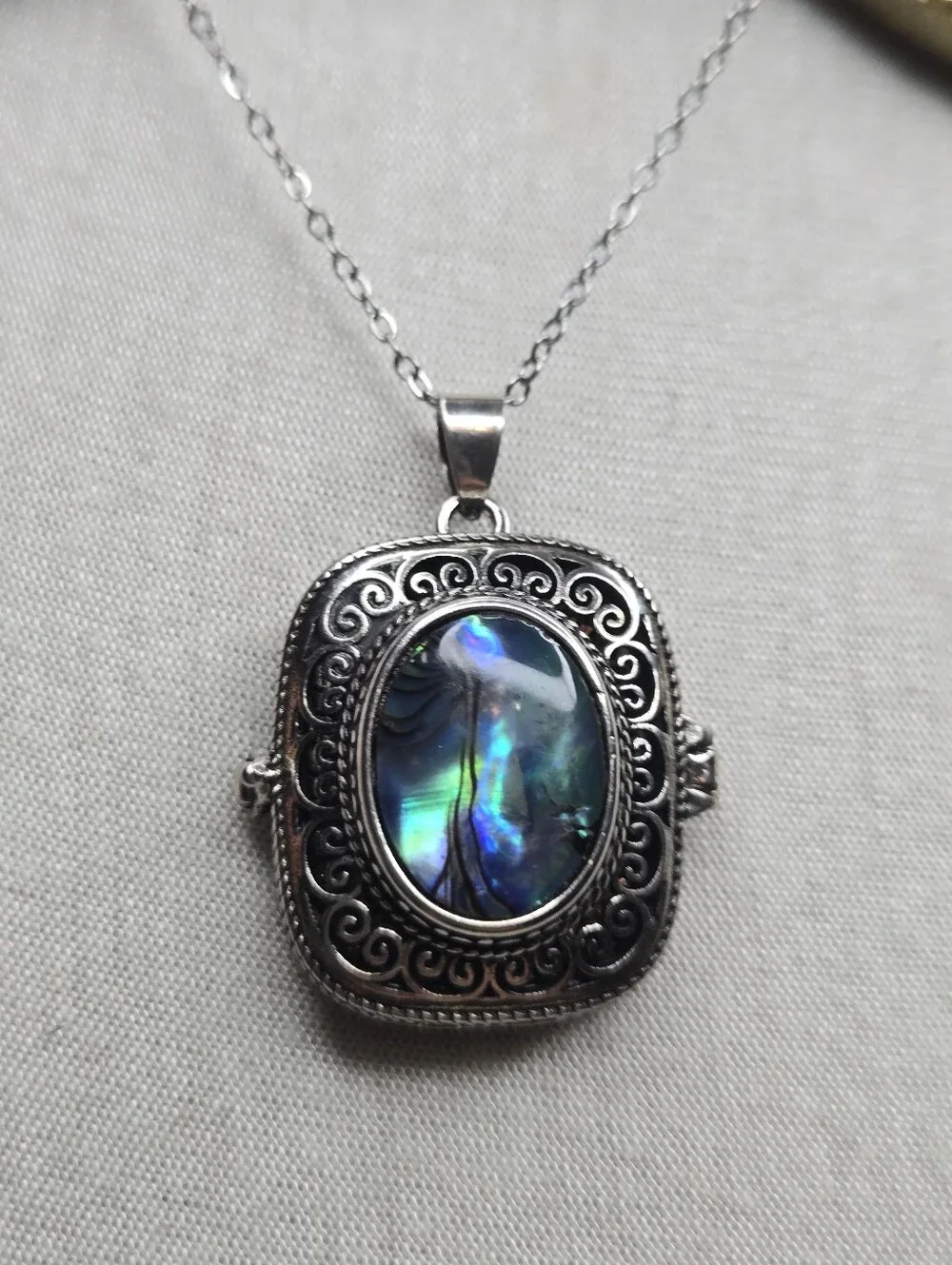 Sterling-Style Silver Locket Necklace with Iridescent Blue Stone
